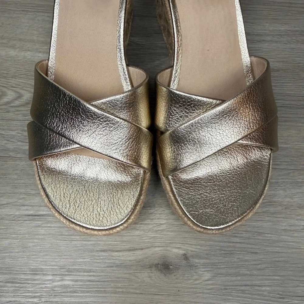 NEW FRANKIE4 Gold Tumbled Baker Wedge Heel Espadrille Leather Comfort Size 7